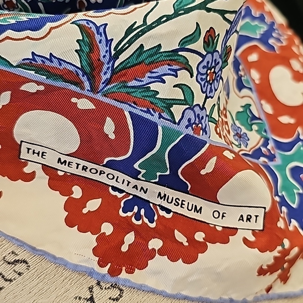 Metropolitan Museum Of Art Blue, White & Brown Vintage Silk Scarf - OS - Picture 4 of 7